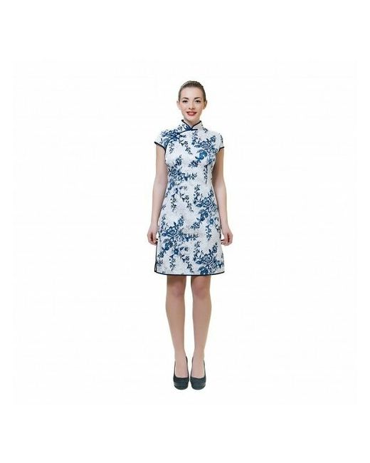 VITtovar Китайское платье Ципао белое с синими цветами размер L