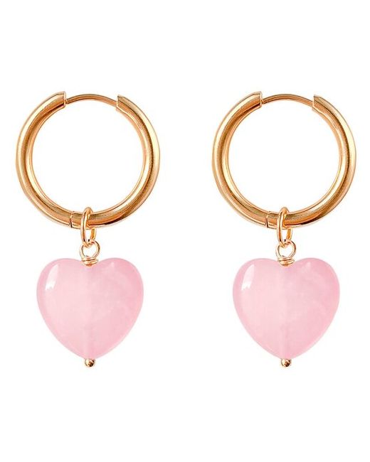 Strekoza Collection Серьги кольца с подвесками сердце из натурального камня розовый кварц