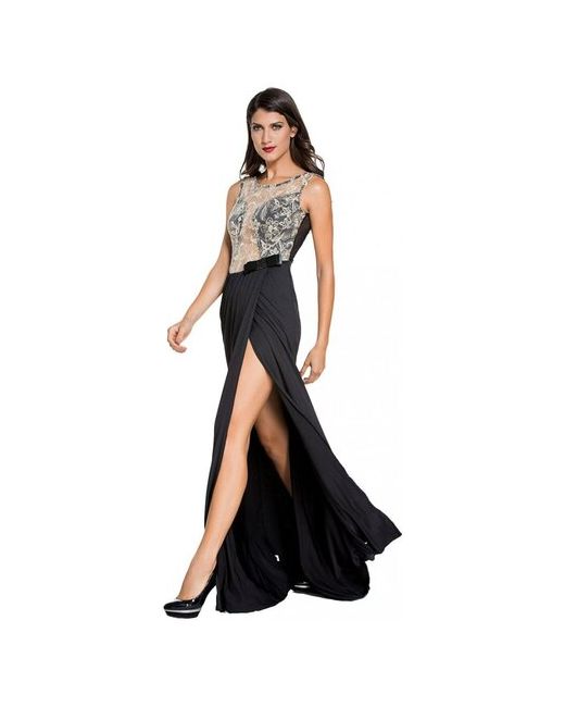 ChiMagNa Черное платье длинное клубное с полупрозрачной золотистой вставкой D6839 44-46рр M/L