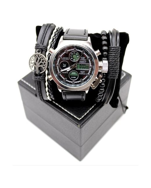 Sk-777 подарочный набор. Часы кварцевые с кожанным ремешком браслеты. В подарочной упаковке. наручные. бижутерия.