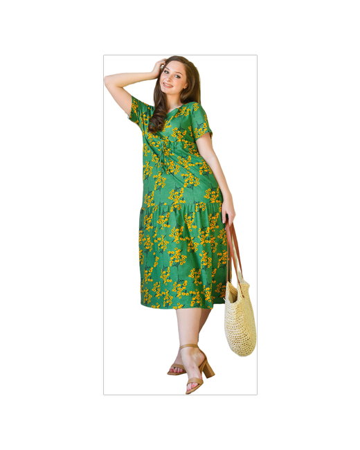 Оптима Трикотаж летнее платье Мимоза размер 54 Кулирка рисунок Цветы короткий рукав длина ниже колена