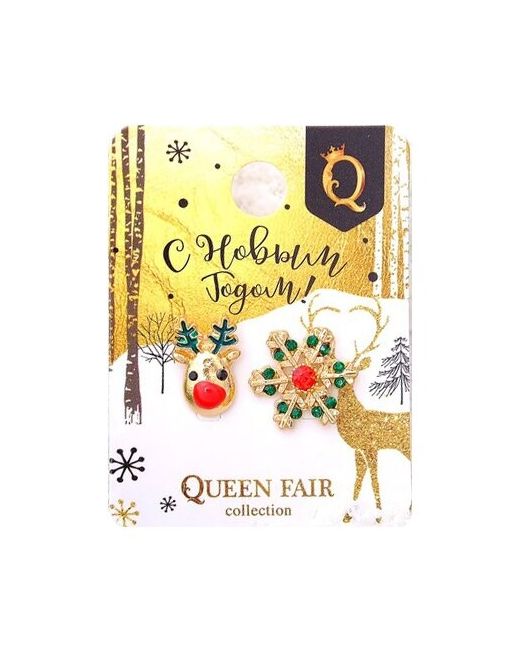 Queen Fair Серьги Новогодние снежинка и олень красно в золоте