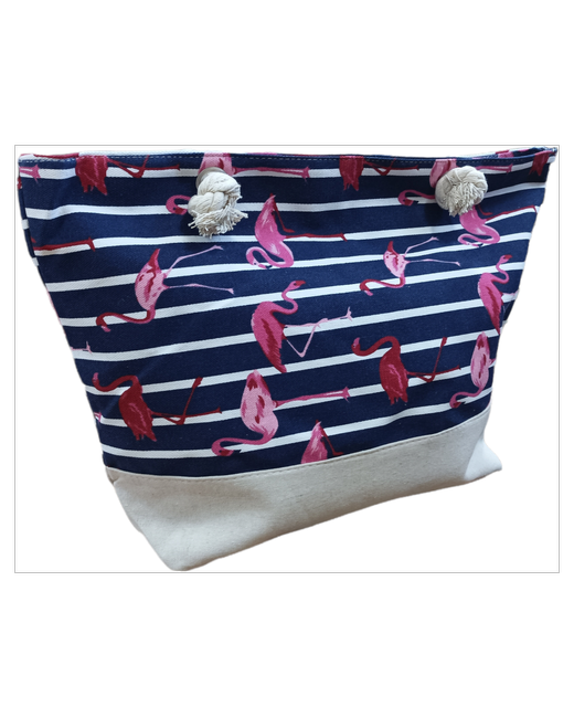 VITtovar Сумка пляжная синяя полосатая с фламинго 48х35х11 см замком и внутренним карманом