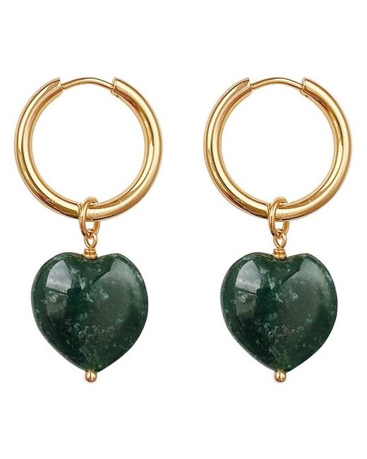 Strekoza Collection Серьги кольца с подвесками сердце из натурального камня зеленая яшма