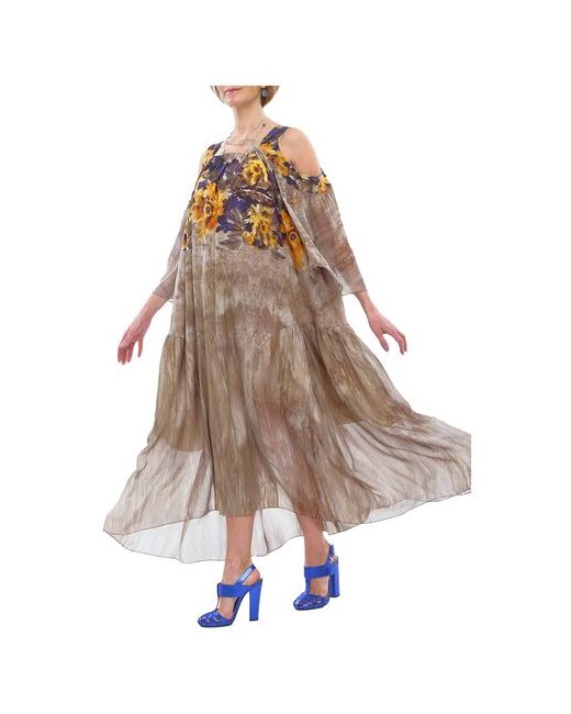 Iya Yots Платье сарафан из шёлкового крепа и шифона принт цветы в бежевом оттенке 44-54