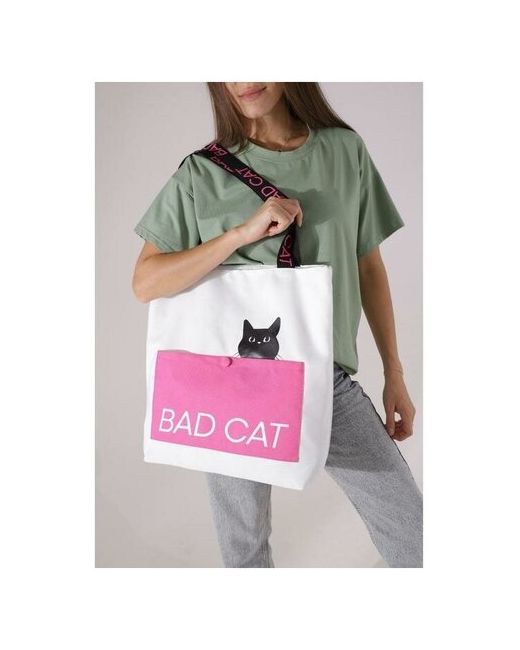 Nazamok Сумка-шопер Bad cat без молнии с подкладкой наружный карман белый