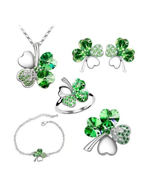 - Комплект бижутерии Клевер зеленого цвета 5 предметов Набор женской ожерелье серьги кольцо браслет брошь