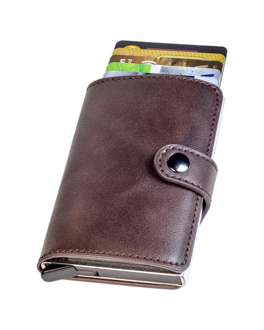 ELF Leather Картхолдер визитница для кредитных карт. Кредитница портмоне с RFID защитой. Металлический футляр кредиток в обложке из эко кожи застежкой.