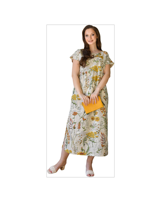 Оптима Трикотаж платье повседневное Кострома размер 50 Полулен рисунок Цветы округлый вырез короткий рукав с карманами