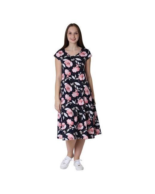 Оптима Трикотаж платье лето размер 52 Кулирка рисунок Цветы с коротким рукавом и круглым вырезом приталенное длина до колен