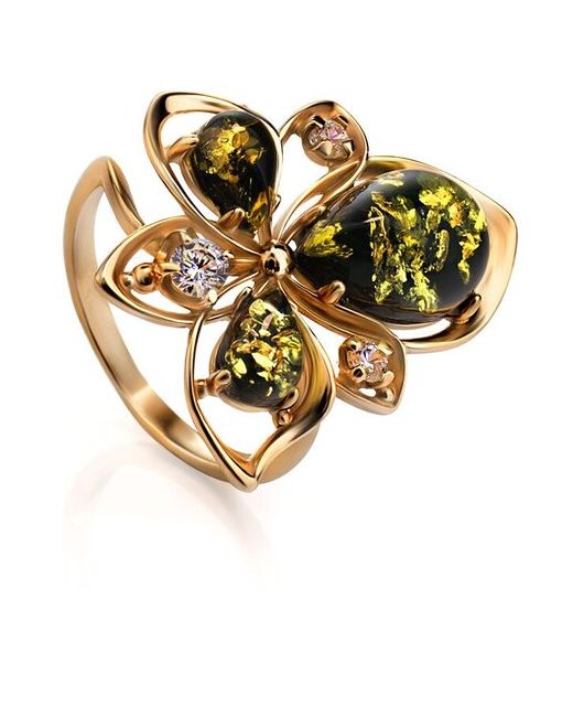 Amberholl Роскошное кольцо Эдельвейс из позолоченного серебра и зелёного янтаря