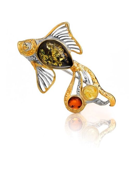 Amberholl Красивая позолоченная брошь с янтарём разных цветов Рыбка
