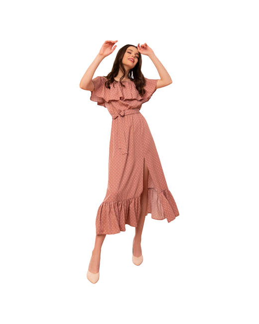 AnyMalls Платье сарафан в горох летнее выпускное на бал открытые плечи с воланом юбка колокольчик мелкий горошек размер S