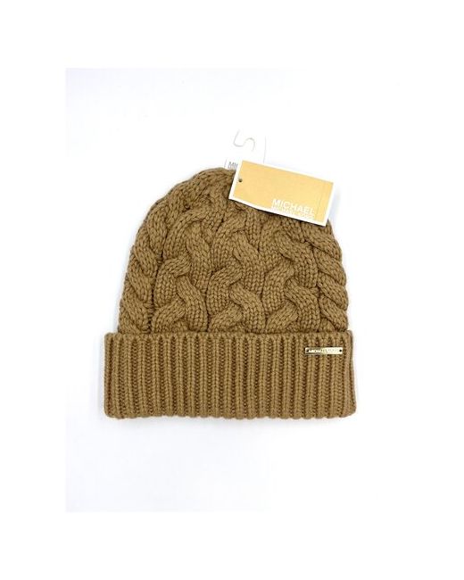 Michael Kors Шапка с золотистым металлическим лого на отвороте крупная вязка косами Tan Cable Knit Beanie Winter Hat