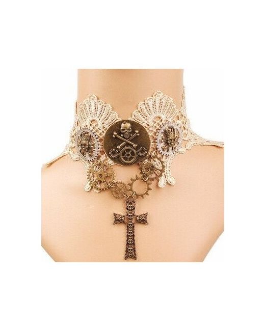 Филькина Грамота Ожерелье-чокер бежевое кружевное с винтажными шестеренками и черепом в стиле стимпанк
