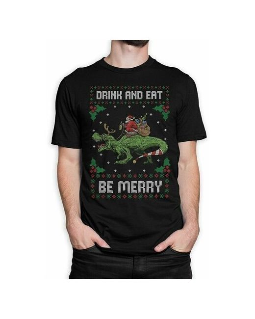 Dream Shirts Футболка DreamShirts с новогодним узором Санта на Динозавре Новый Год Черная 3XL