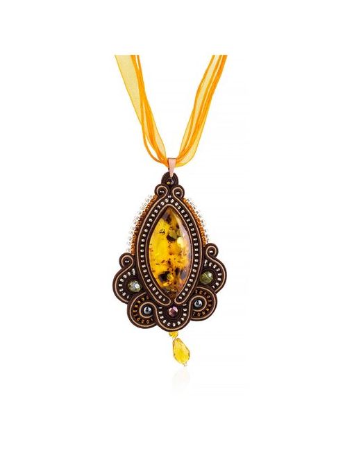 Amberholl Ажурная плетёная подвеска с искрящимся золотистым янтарём Индия на шнурке-ленточке