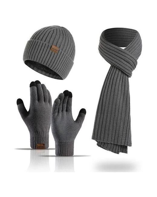 нет бренда Комплект аксессуаров в классическом ребристом стиле темно-серого цвета 3 1 шапка шарф и перчатки с сенсорами на пальцах для экрана телефона