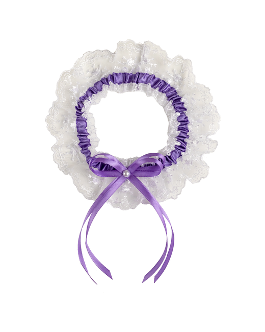 Свадебная мечта Широкая свадебная подвязка для невесты Сильвия из белого кружева с фиолетовым бантом тесьмой и жемчужной бусиной