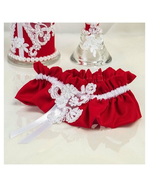 Свадебная мечта Широкая свадебная подвязка невесты Аврора из красного шелка с белой тесьмой кружевом цветочными узорами и бисером