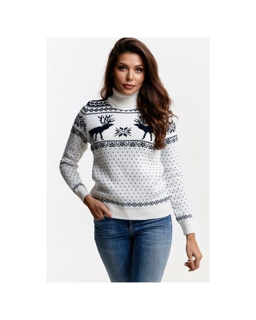 AnyMalls Шерстяной свитер классический скандинавский орнамент с Оленями и снежинками натуральная шерсть синий размер L