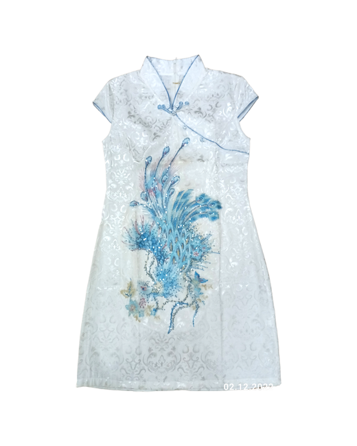 VITtovar Китайское платье Ципао с голубым павлином размер 44