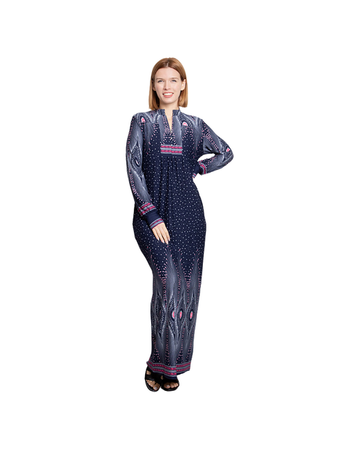 Lilians Платье макси закрытое темно-синее принт/хвост павлина размер 48