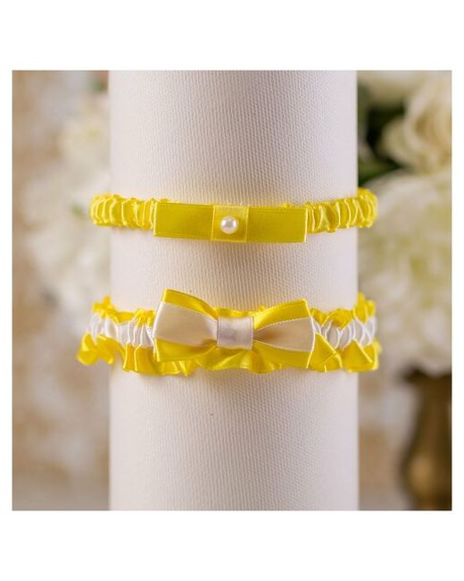 Свадебная мечта Комплект свадебных подвязок для невесты широкая и узкая Селена из атласа с двойным бантом желтой белой ленты перламутровой бусиной