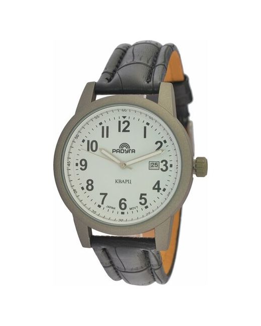 Радуга Часы наручные 623-3Д. Кварцевые часы с покрытием титан и индикацией даты. На кожаном ремешке.