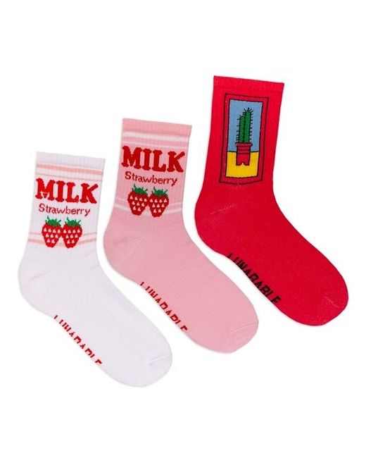 Lunarable Комплект женских носков с принтом Milk Strawberry Кактус розовые светло-розовые размер 35-39