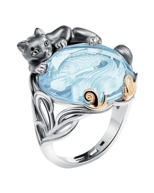 Ivena Серебряное кольцо Кот и рыбка на голубом кварце с золотыми улитками. Размер 16.5