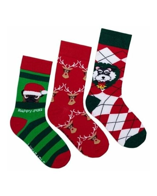 Lunarable Комплект мужских носков 3 пары HAPPY PUG зеленый красный белый размер 40-43