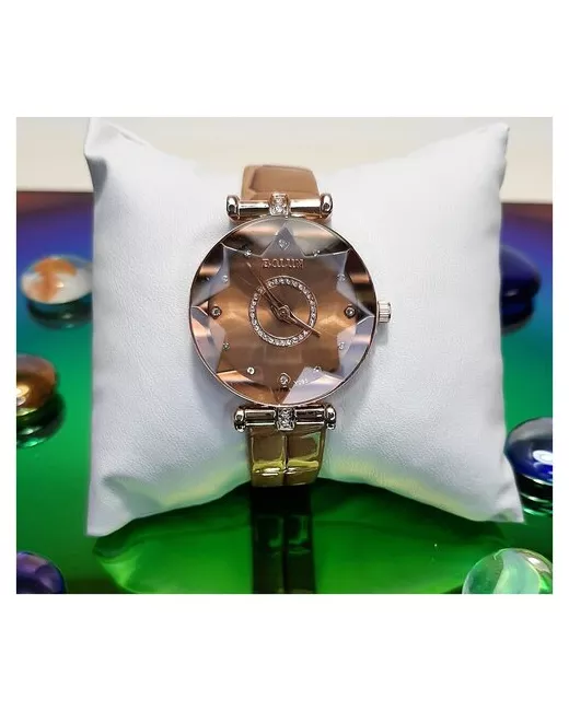Bolun Часы наручные кварцевые Quartz c кожаным браслетом с кристаллами алмазной обработкой/Лимонное золото Подарок женщине девушке