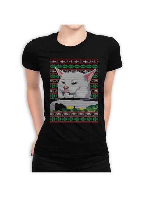 Dream Shirts новогодняя футболка с принтом Кот за столом Футболка мем Yelling at a Cat Прикольная на новый год