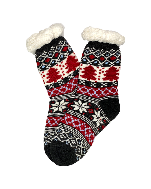 Larill Плюшевые новогодние носки-тапки с елкой и снежинками черно-красный