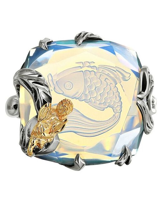 Ivena кольцо с лунным камнем Ангел и рыбка серебро золото. Размер 19.5