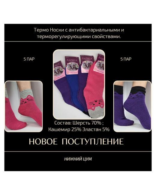 Лариса термо носки из шерсти и кашемира с принтом Котики 5 пар трех цветов Синих 2 Фиолетовых Розовый