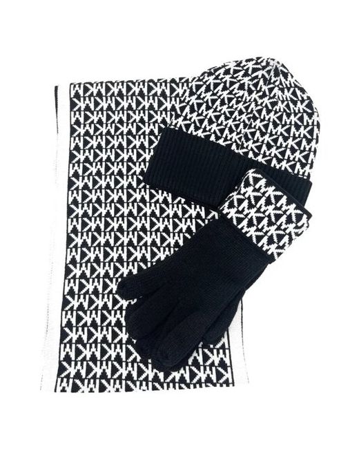 Michael Kors Набор шапка шарф и перчатки черный с белым лого 3-Piece Set Knit Scarf Hat Gloves MK LOGO Black White