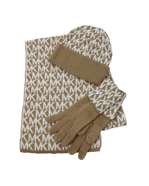 Michael Kors Сет шапка перчатки и шарф желто в монограмму Cream White 3-Piece Set Knit Scarf Hat Gloves