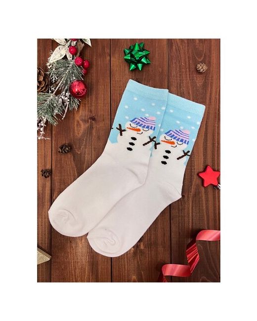 2Beman Носки носки унисекс на Новый год бело-голубые со снеговиком р.38-44