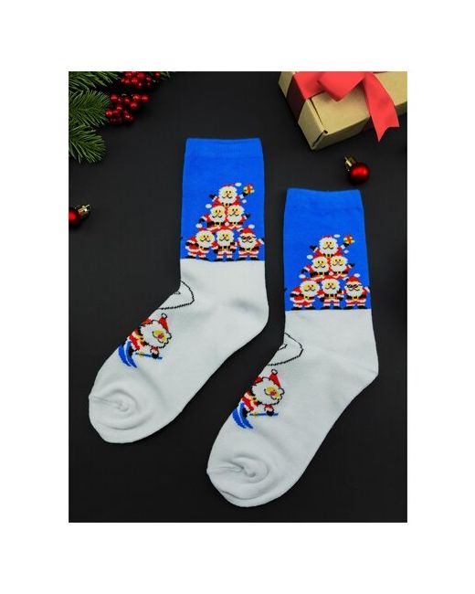 2Beman Носки носки унисекс на Новый год с Санта Клаусами бело-голубые р.38-44