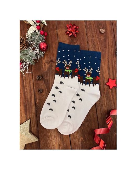 2Beman Носки носки унисекс на Новый год бело-синие с оленями р.38-44