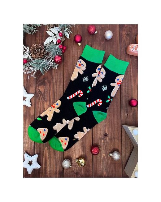 2Beman Носки носки унисекс новогодние с пряничными человечками черно-зеленые р.38-44