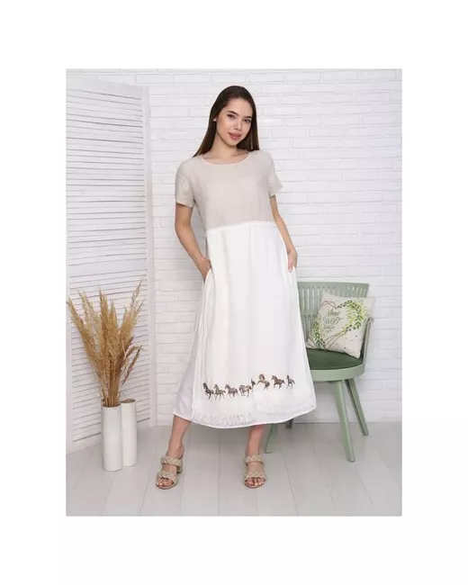 Мадис Платье серо-белое лен натуральный эко большой размер одежда удлиненная туника платье 3091-56
