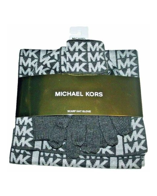 Michael Kors Сет шапка шарф и перчатки серые в серебристую монограмму