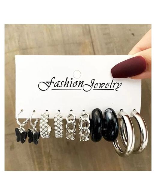 fashion jewelrn Набор сережек женских 5 шт. под серебро чёрный камень бижутерия подарок праздник