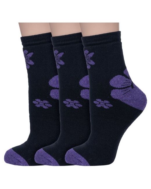Альтаир Комплект из 3 пар женских махровых носков черные с сиреневыми цветами размер 25