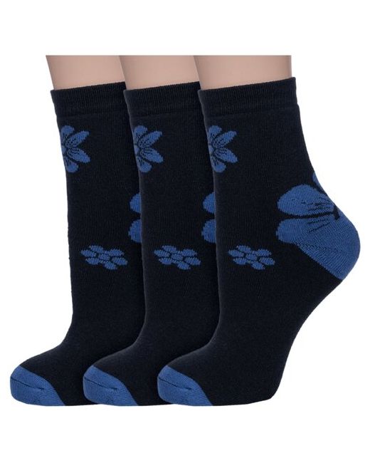 Альтаир Комплект из 3 пар женских махровых носков черные с синими цветами размер 21