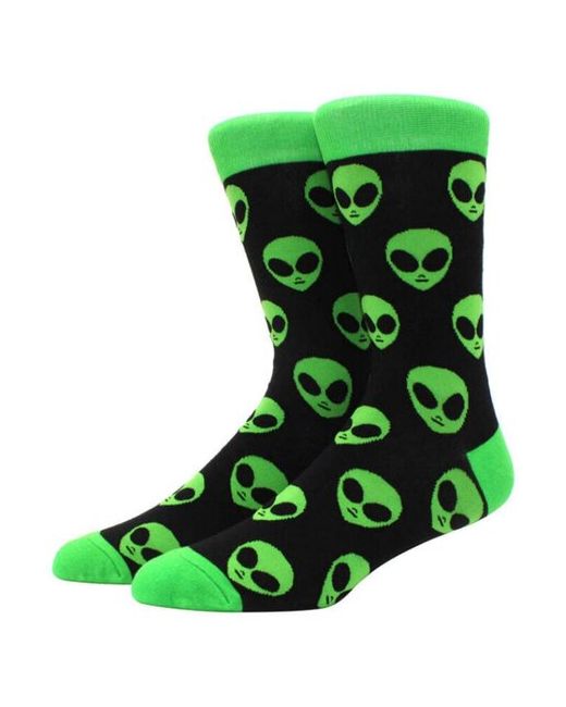 Sova Дизайнерские длинные носки черные с зеленым принтом Инопланетяне