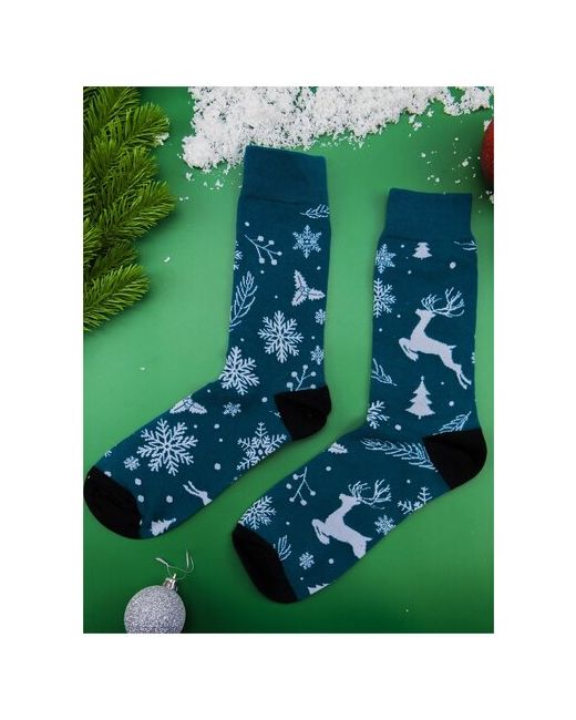 2Beman Носки новогодние темно-зеленые с оленями и елками носки цветные в подарок р.38-44